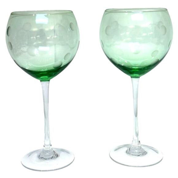 Pale Green Polka Dot Balloon Wine Goblets Elegant Clear Slender Stem-Set 2 - Picture 6 of 9